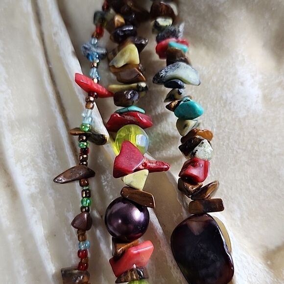 Artsy Colorful Eclectic Seashell, Ceramic and Stone Beaded Necklace - Picture 7 of 12